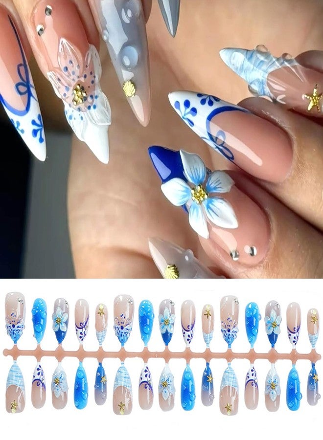 BSBTBZ 30Pcs Blue Flower Press on Nails Medium Almond Summer Beach Fake Nails with 3D Flowers Starfish Design French Nails Cute Stick on Nails Golden Beads Full Cover Manicure False Nail Tips for Women - Image 5